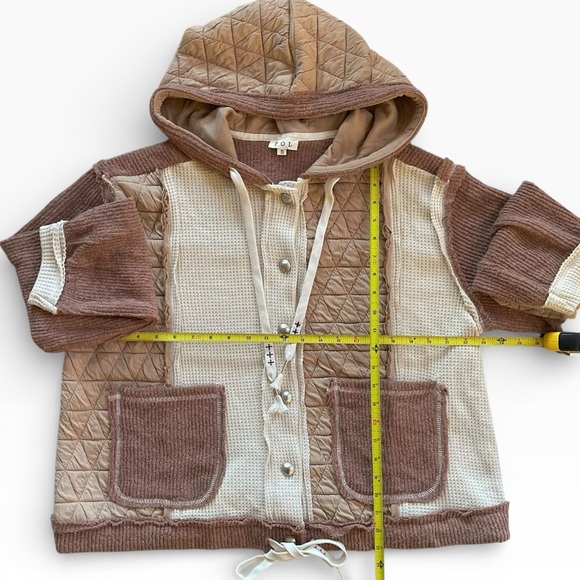 Pol Quilted Pieced Raw Edge Waffle Hooded Jacket S Oversized Brown Tan Cream - Picture 5 of 6